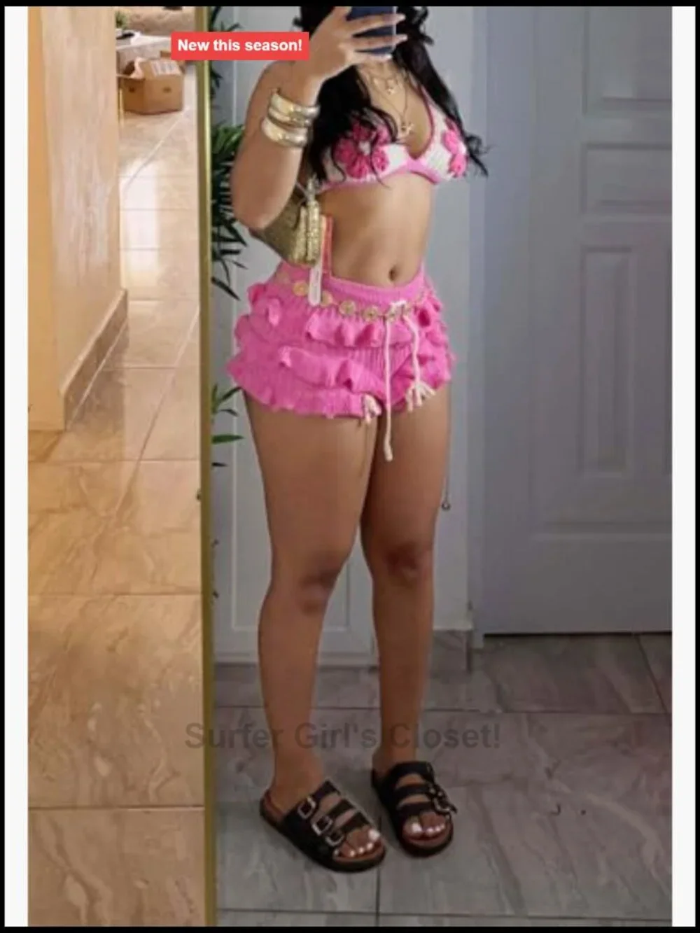 Crochet Bikini Set Floral Bra Top Drawstring Ruffle Shorts Beach Swimwear